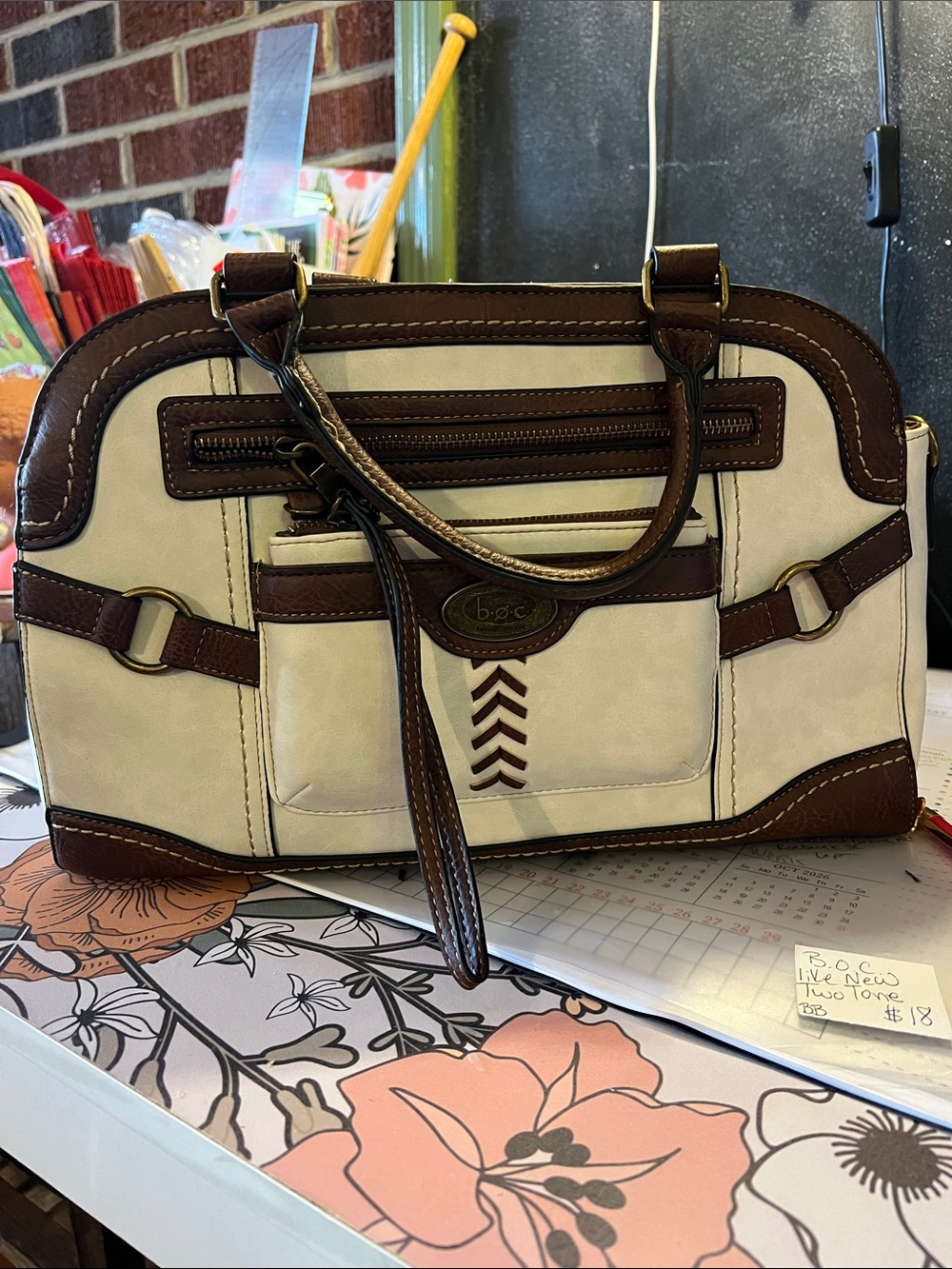 b.o.c. Cream and Brown Two-Tone Satchel with Front Pocket